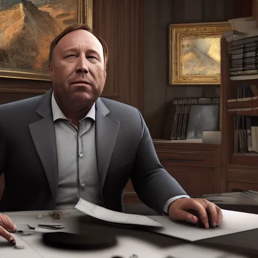 Image similar to hyperrealistic mixed media image of info wars alex jones at desk wearing hat, stunning 3 d render inspired art by xiang duan and thomas eakes and greg rutkowski, perfect facial symmetry, hyper realistic texture, realistic, highly detailed attributes and atmosphere, dim volumetric cinematic lighting, 8 k octane detailed render, post - processing, masterpiece,