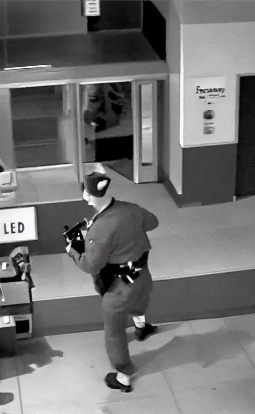Prompt: security footage of ronald mcdonald robbing a bank with a gun. award winning. very high quality. hq. hd.