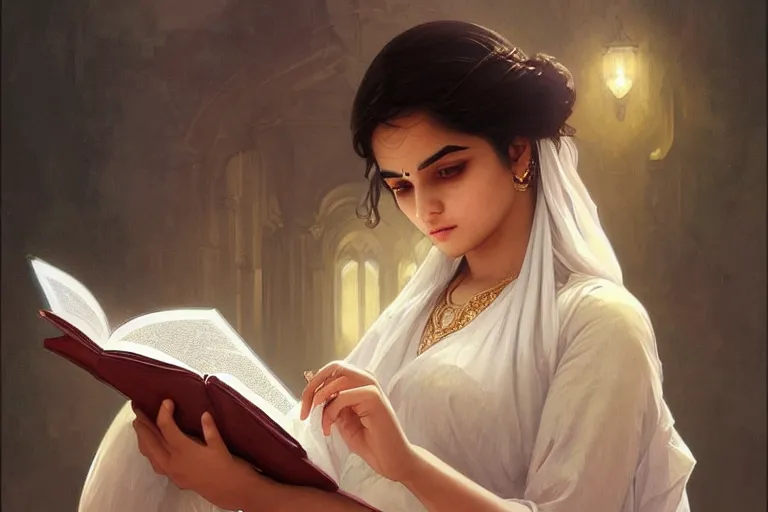 Image similar to sensual good looking pale young bengali girl with soulful eyes reading a novel, portrait, elegant, intricate, digital painting, artstation, concept art, smooth, sharp focus, illustration, art by artgerm and greg rutkowski and alphonse mucha
