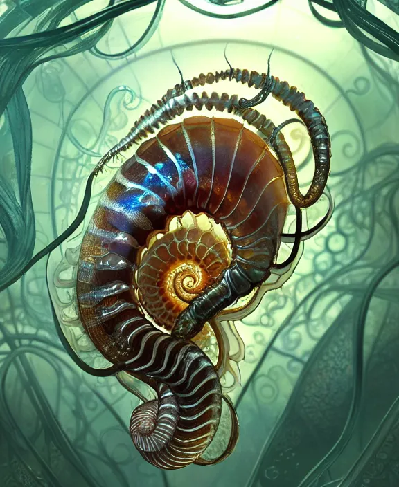 Image similar to intricate ornate opulent transparent clear see - through portrait of a horrific beautiful isopod nautilus snake, fractal, adorable, childlike, overgrown biopunk jungle environment, ultra realistic, concept art, art nouveau, photorealistic, octane render, 8 k, unreal engine. art by christopher marley and artgerm and greg rutkowski and alphonse mucha