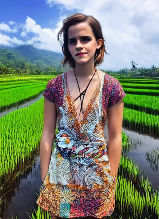 Prompt: emma watson wearing batik bali in bali. temple lake rice field ocean. front view. instagram closeup holiday photo shoot, perfect faces, beautiful light