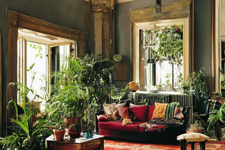 Prompt: sunrise 3 5 mm warm photo of a tastefully decorated living room with dark luxurious furnishings and a mix of antique and modern furniture and plants, many plants, leica, very detailed, hyperrealistic, peter doig