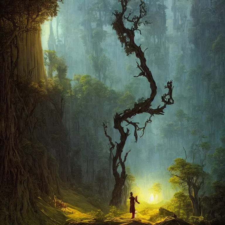 Prompt: a detailed landscape painting inspired by moebius and beksinski of a forest with path and man with a cape over his head. fantasy poster. cinematic fantasy scene. aurora lighting. fantasy. carl spitzweg. baroque elements. baroque element. intricate artwork by caravaggio. oil painting. award winning. dramatic. trending on artstation. 8 k