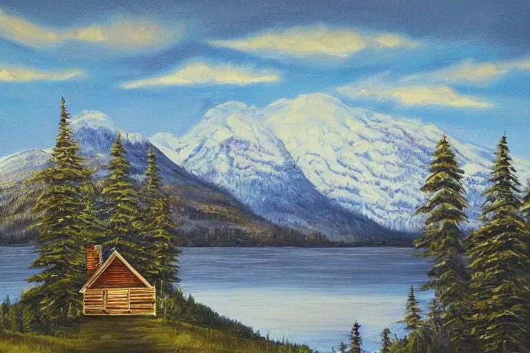 Image similar to a beautiful painting of a log cabin by a lake in front of snowcapped mountains at night. there's smoke coming from the chimney of the log cabin.