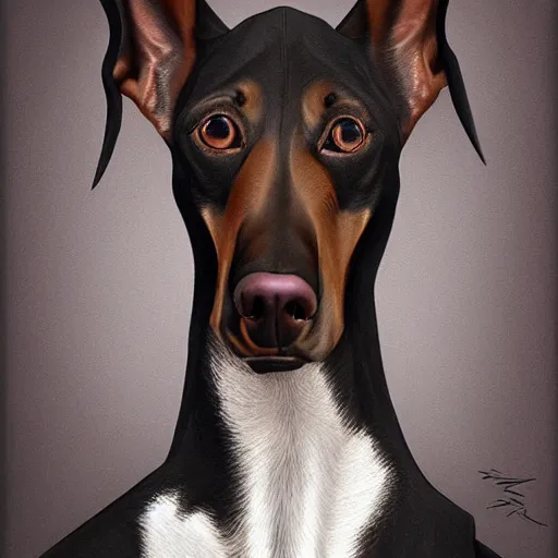 Prompt: michal karcz cartoon painting of a Doberman. , detailed, elegant, intricate, 4k,