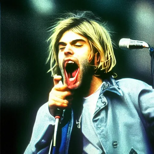 Image similar to “A colorful kodak film photo of Kurt Cobain roaring into microphone on a concert with Moscow kremlin in the background”