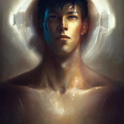 Image similar to handsome portrait of a young guy fitness posing, war hero, radiant light, caustics, translucent rainfall, ghost in the shell, by gaston bussiere, bayard wu, greg rutkowski, giger, maxim verehin