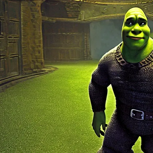 Prompt: film still of Shrek as Morpheus in The Matrix, full-shot, 4k