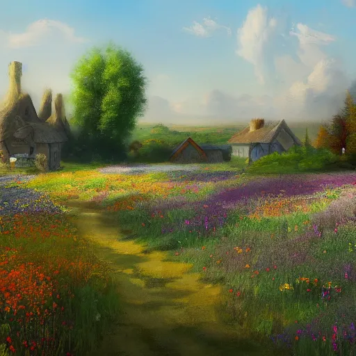 Image similar to a matte painting of a european prairie, cottage town, patchy flowers, oil painting, pale colors, high detail, 8 k, wide angle, trending on artstation,