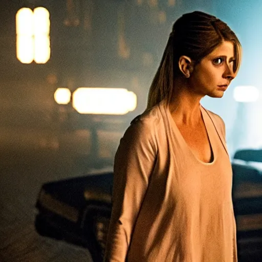 Image similar to Sarah gellar in bladerunner 2049, scary scene,