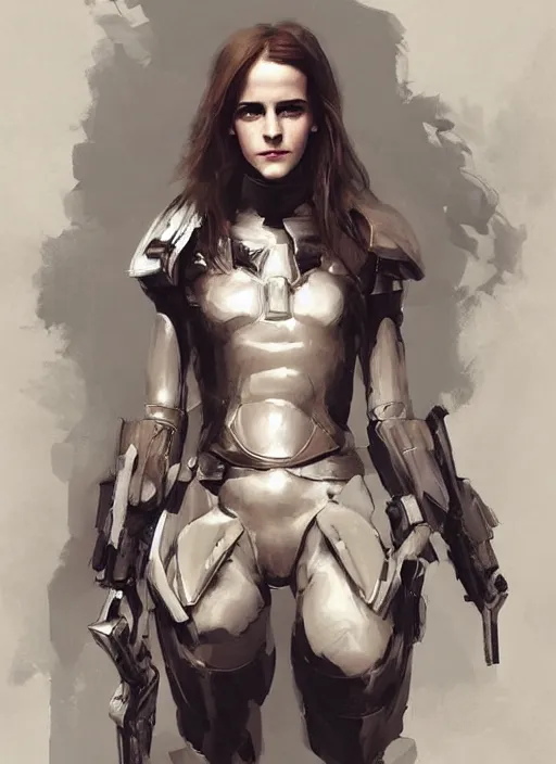 Prompt: fully body fashion model beautiful emma watson wearing military armor long dark hair beautiful bone structure symmetrical facial features intricate elegant digital painting concept art smooth sharp focus illustration,from Metal Gear by Ruan Jia and Mandy Jurgens by Artgerm by William-Adolphe Bouguerea