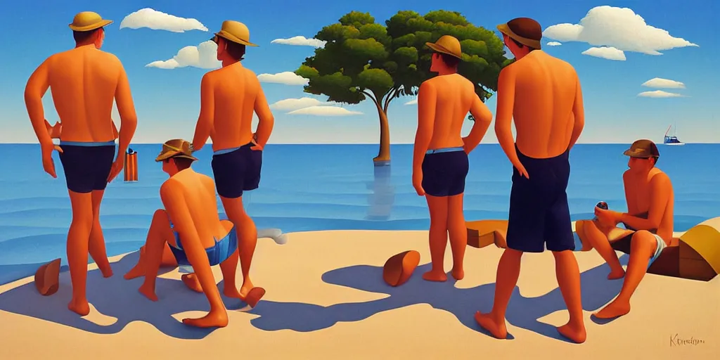 Image similar to beach boys, blue sky, summer evening, kenton nelson