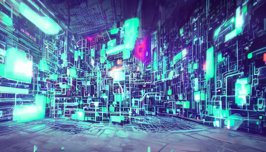 Prompt: computer circuits, android, wall of graffiti intricate volumetric octane render 3 d street art depicting dark monochrome neon fluorescent color abstract geometry in the style of wlop, mirrors edge, odeith