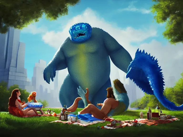 Prompt: adorable anthropomorphic gigantic cerulean furry leviathan monster, having a picnic with andre the giant in a park surrounded by a city, rpg reference, oil painting, trending on artstation, octane render, insanely detailed, 8 k, hd