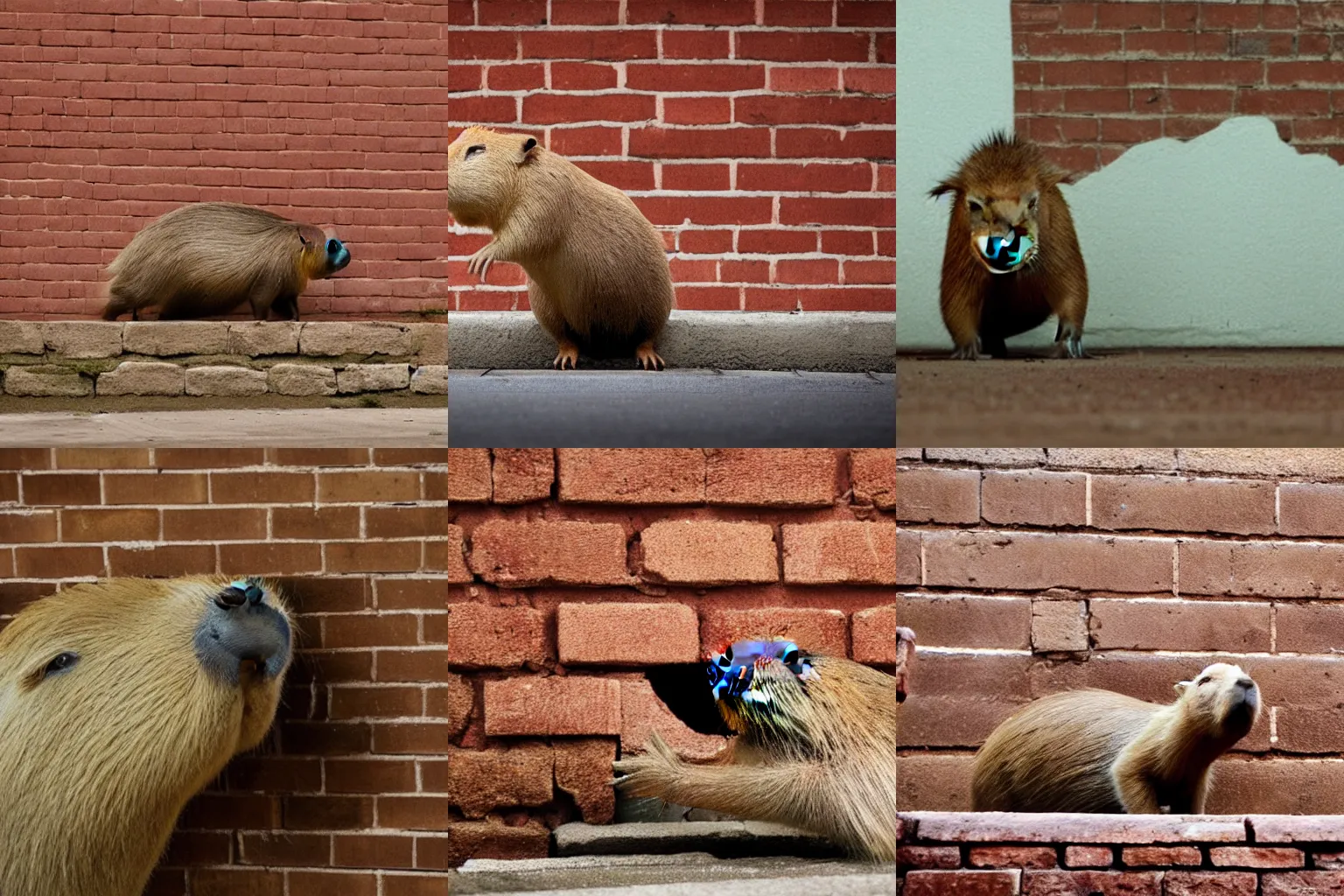 Prompt: Capybara breaking through brick wall, movie scene