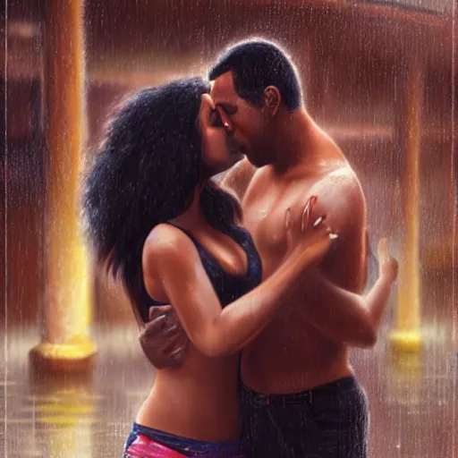 Prompt: interracial couple kissing and hugging in the rain at a pool. digital painting, extremely detailed, 4 k, intricate, brush strokes, mark arian, artgerm, bastien lecouffe - deharme