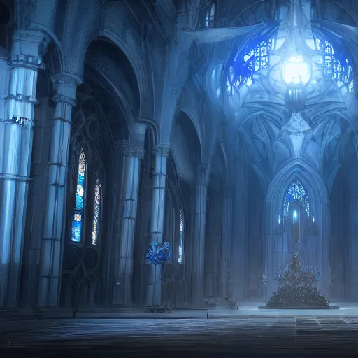 Image similar to a huge dark eldritch cathedral filled with blue ray traced light by WLOP and tony sart and bekinski, god rays, fantasy art, 4k, HDR, photorealistic, 8k, trending on artstation