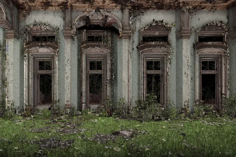 Prompt: ruined, abandoned polish mansion, seen from inside and overgrown by plants. Low camera angle. 40 mm lens. First light of day falls through the broken windows. Dirt, leaves on ground. Warm colors. Octane render. Substance painter. Zbrush. Trending on artstation. 8K. Highly detailed.