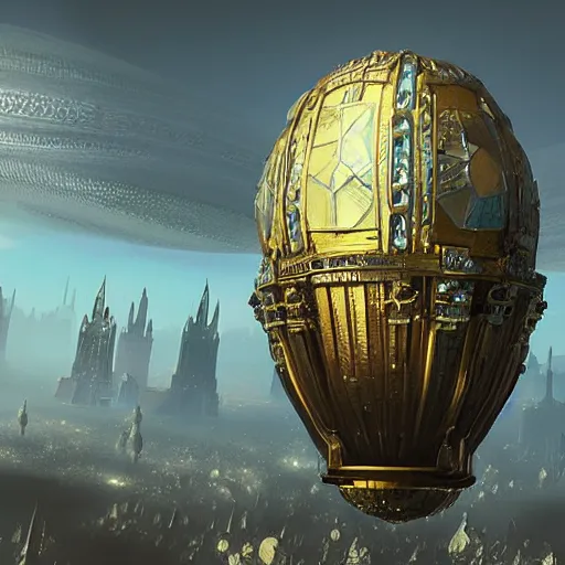 Image similar to enormous flying city in a faberge egg, sky, steampunk, fantasy art, masterpiece, hugh ferriss, unreal engine 5, peder balke