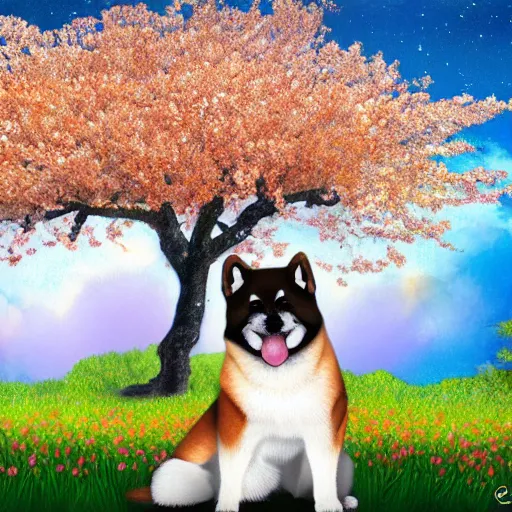 Prompt: An akita inu with a crown made of orange blossom flowers, in front of cherry blossom trees, digital art