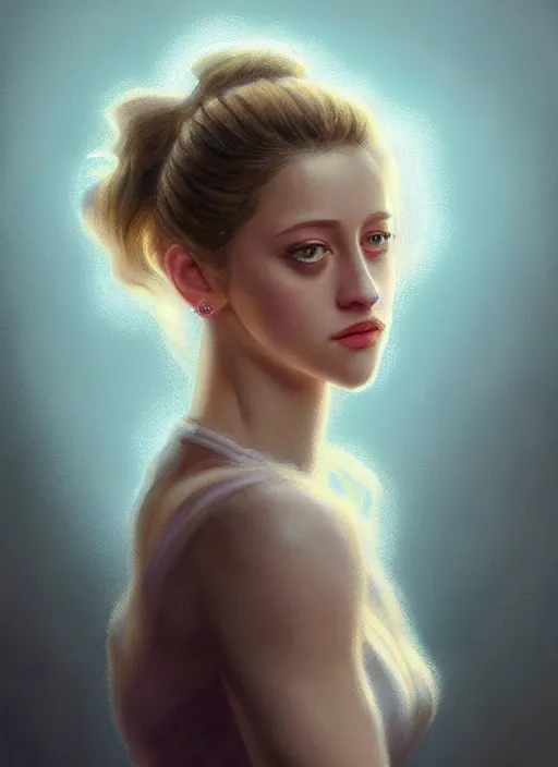 Prompt: portrait of lili reinhart with fluffy bangs, bangs, 1 9 6 0 s, ponytail, curly bangs and ponytail, rounder face, intricate, elegant, glowing lights, highly detailed, digital painting, artstation, concept art, smooth, sharp focus, illustration, art by wlop, mars ravelo and greg rutkowski