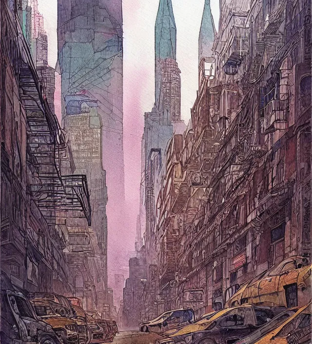 Image similar to a watercolor ink painting of a post - apocalyptic new - york in the style of jean giraud in the style of moebius trending on artstation deviantart pinterest detailed realistic hd 8 k high resolution