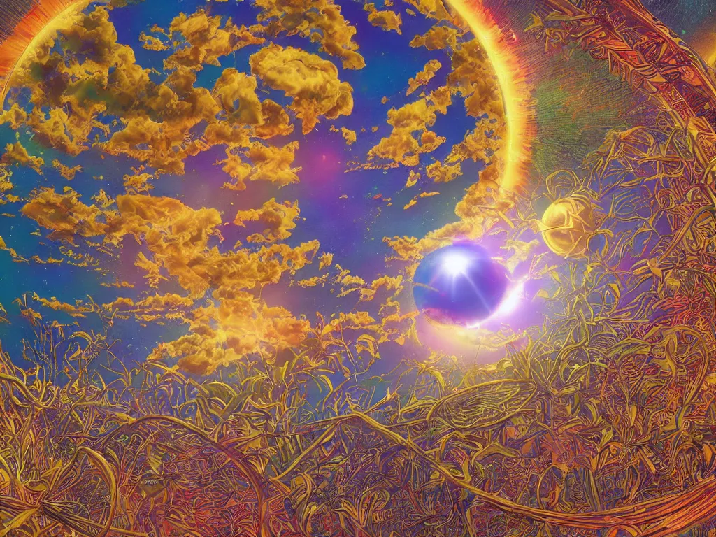 Image similar to sunlight study, the universe is a spheroid region 7 0 5 meters in diameter, art nouveau, kauai, by maria sibylla merian and ( ( ( ( ( lisa frank ) ) ) ) ), 8 k, sharp focus, octane render