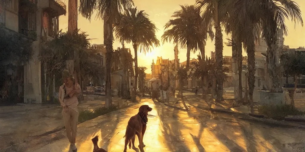 Image similar to golden retriever dog walking in tel aviv street looking at the camera. palm trees. realistic. sunset. high quality. digital art. watercolor. highly detailed. drawing. art. colorful. fluffy art by greg rutkowski and alphonse mucha