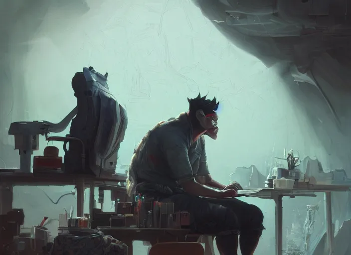 Image similar to an insanely detailed painting of an asian man wearing a homemade superhero costume, sitting at a desk, staring seriously at the computer and typing, in the style of peter mohrbacher, james jean, ruan jia, dramatic lighting and composition, surreal background, octane render, pixar, trending on artstation, concept art, comic book, view from behind, 8 k