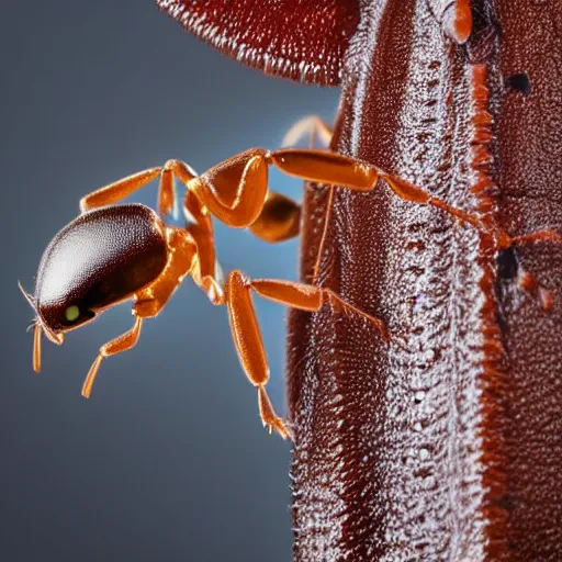 Image similar to the nocturnal yellow ant of bolognasia ( its large eyes help it navigate in the dark ), macro photograph of eyes and head, horizontal symmetry, realistic highly detailed, unreal engine