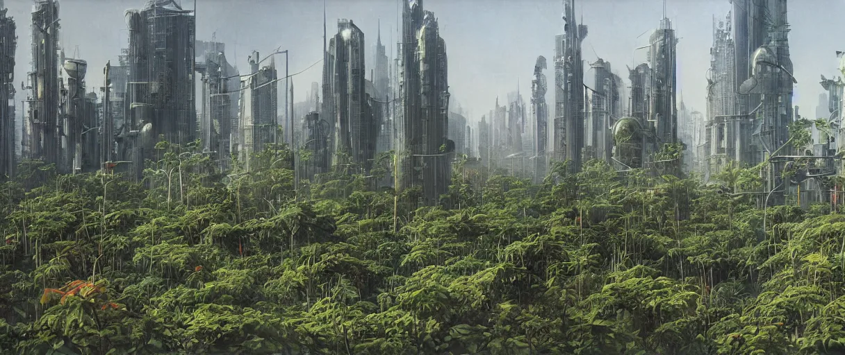 Prompt: matte painting of high tech city overgrown with plants, vincent di fate, masterpiece,