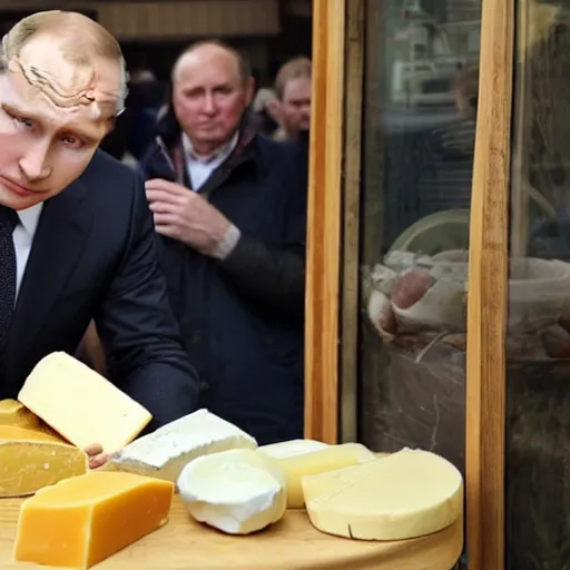 Image similar to close up of vladimir putin visiting a cheese market