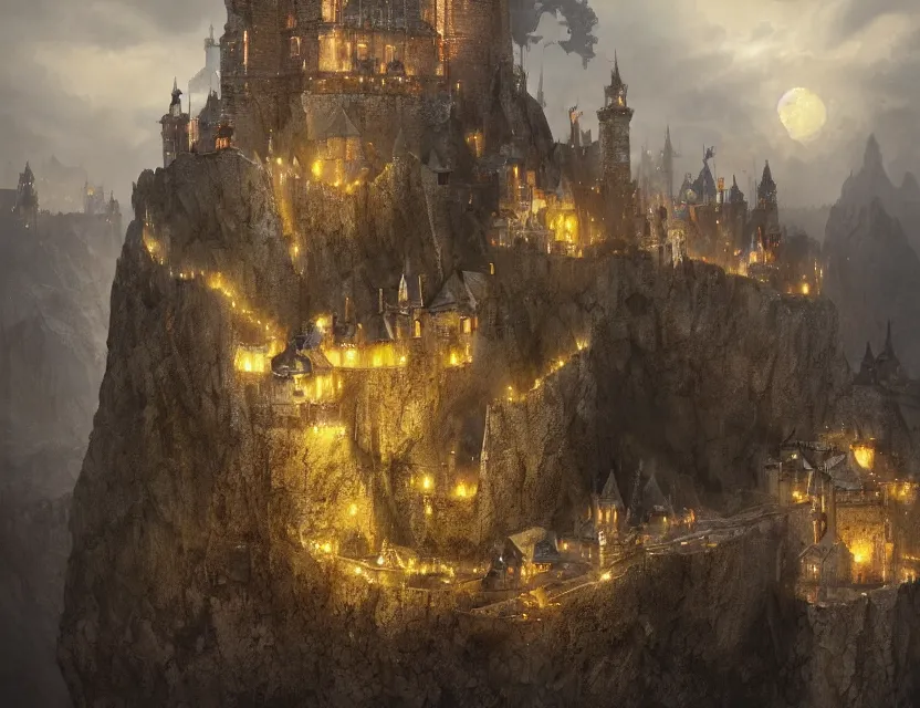 Image similar to High Fantasy solitary Castle!! Yellow roofs. Joyful matte painting by Darek Zabrocki and Emmanuel Shiu, 4k ultra detailed, great composition cinematic.