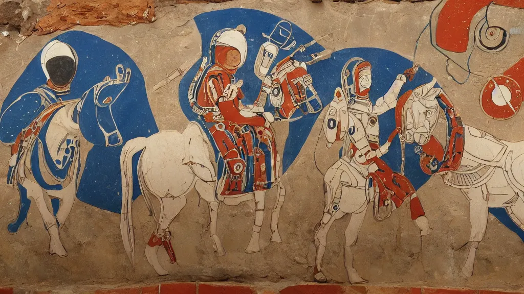 Image similar to an astronaut holds a horse, a horse is a ball, a horse riding an astronaut, decorative minoan mural