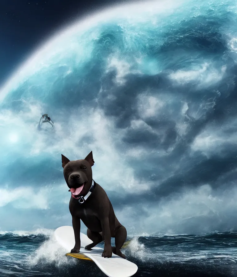 Image similar to photo of a dark gray coat pit bull with a white paws and a white nose!, surfing on a surfboard in a crashing wave of alien ocean in space, background is an alien galaxy, aliens in the background, alien colors, octane render, unreal engine, wide view, 8 k, highly detailed