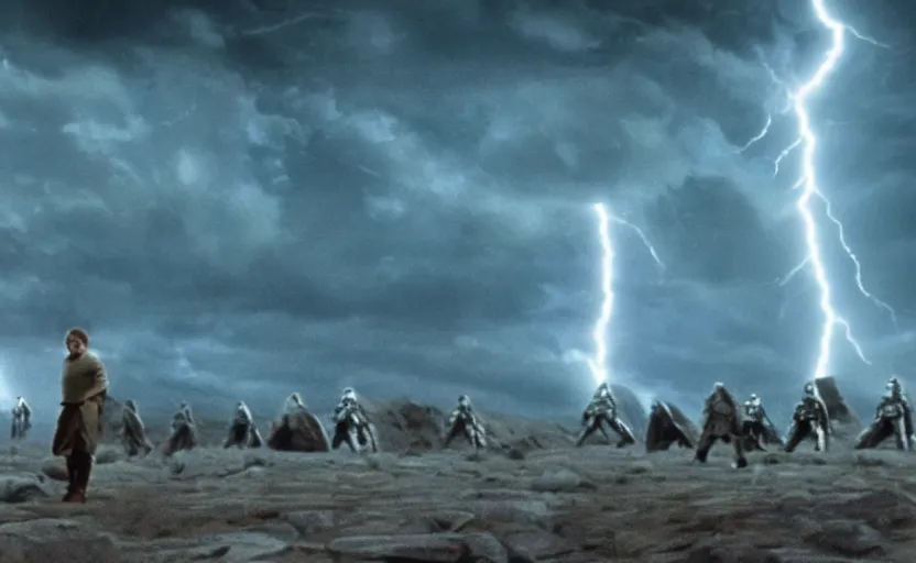 Prompt: screenshot portrait of Luke Skywalker in a windy lightning battlefield with scattered ruins of a fiery jedi rock temple, surrounded by giant AT-AT walkers, with young jedi army behind him, iconic scene from 1970s film by Stanley Kubrick, last jedi, 4k HD, cinematic lighting, beautiful portrait of Mark Hammill, moody scene, stunning cinematography, mcu effects, anamorphic lenses, kodak color film stock