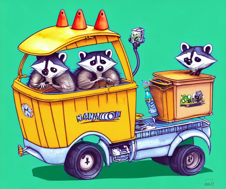 Image similar to cute and funny, racoon wearing a hat riding in a tiny garbage truck, ratfink style by ed roth, centered award winning watercolor pen illustration, isometric illustration by chihiro iwasaki, edited by range murata, tiny details by artgerm and watercolor girl, symmetrically isometrically centered, sharply focused