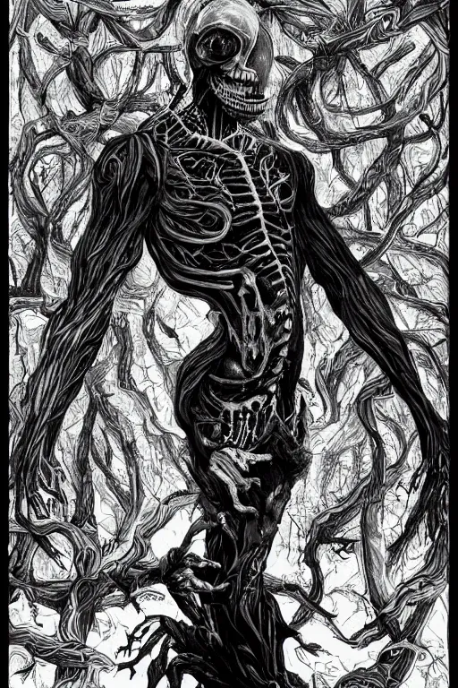 Image similar to black and white illustration, creative design, body horror, death monster
