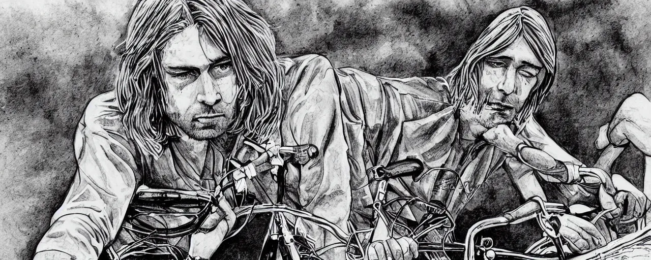 Image similar to beautiful detailed comic illustration of Kurt Cobain on a bicycle on a bicycle, colored