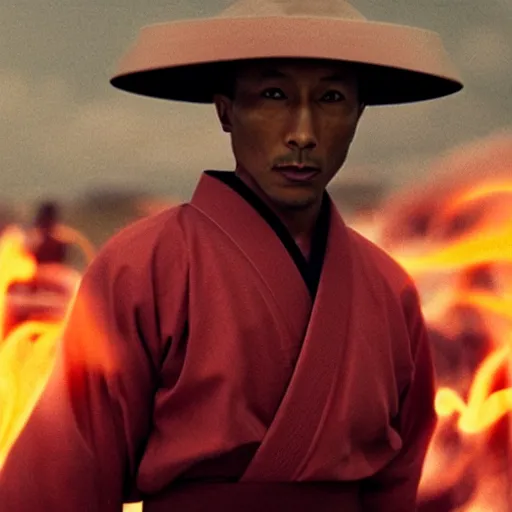 Image similar to cinematic film still Pharrell Williams starring as a Samurai holding fire, Japanese CGI, VFX, 2003, 40mm lens, shallow depth of field,film photography