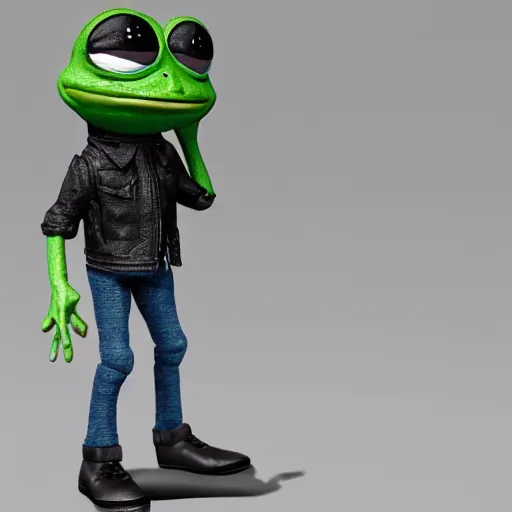 Image similar to perfectly accurate miniature figure of pepe the frog wearing jeans and a black leather jacket, soft textures, skin texture, clothing, 3d sculpture, textured, fine detail, lifelike, photo, high resolution, octane render, post processing, after effects, trending on artstation