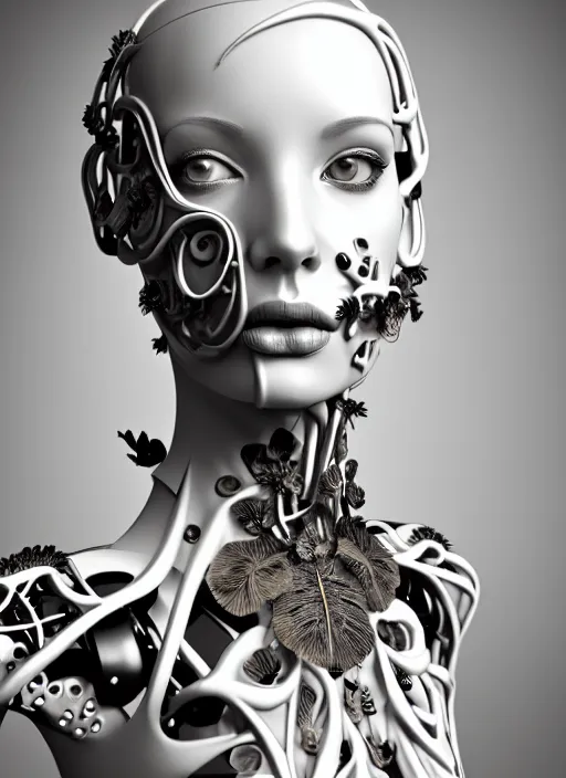 Image similar to monochrome 3 d model, biomechanical beautiful young female cyborg with porcelain profile face and a big floral eye, volumetric light, leaves foliage and stems, hibiscus flowers, boho floral vines, sinuous fine roots, fine foliage lace, alexander mcqueen, rim light, big gothic fashion pearl embroidered collar, steampunk, octane render, 8 k