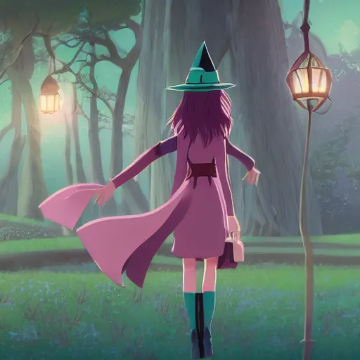 Image similar to A young adult witch with a cottage-core aesthetic with rose-colored hair and teal clothing, Nobutaka Ike, animated film still, character design, fantasy, 8k resolution