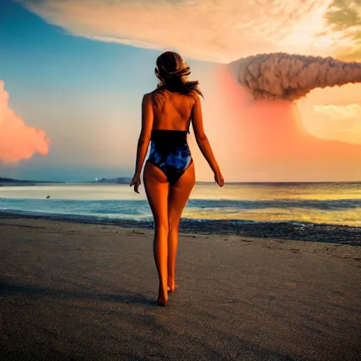 Image similar to beautiful bikini clad woman walking alone on a beach with a nuclear explosion in the background, rule of thirds