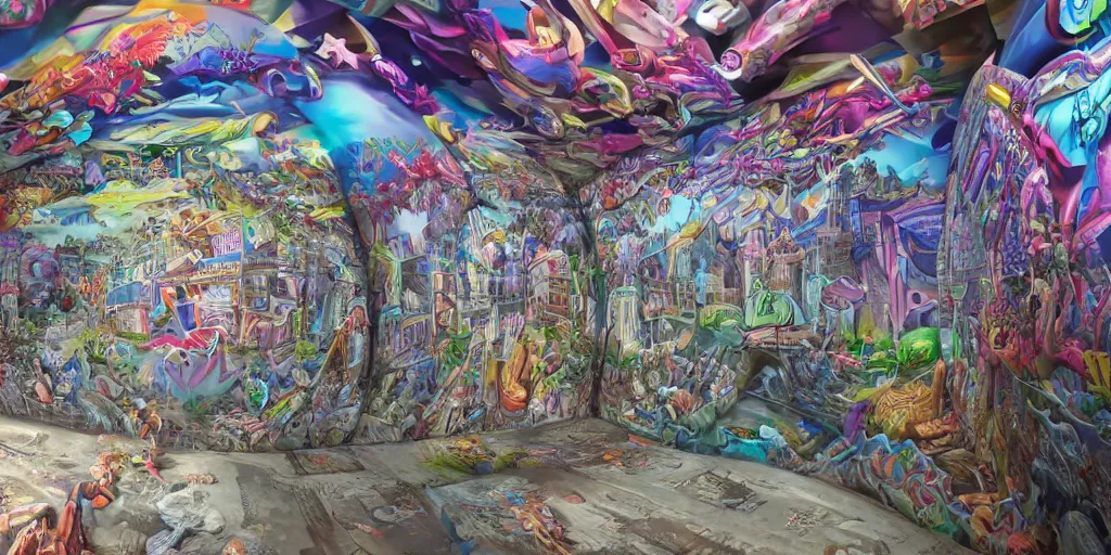 Prompt: inside the realm full of ultra realistic 3 d graffiti structure, extremely high definition, highly detailed and intricate masterpiece, visionary
