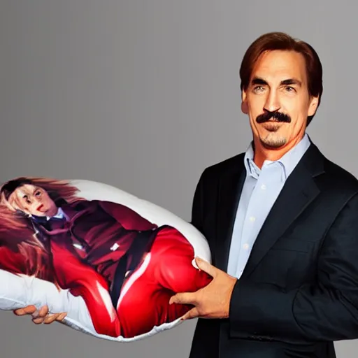 Prompt: mike lindell holding a anime body pillow. still from tv commercial