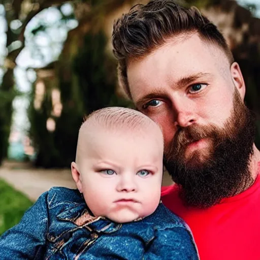 Image similar to a photo of a white man with a mid fade haircut and level 1 clipper beard that is happy with his 3 month year old baby boy and his wife who has dark hair.