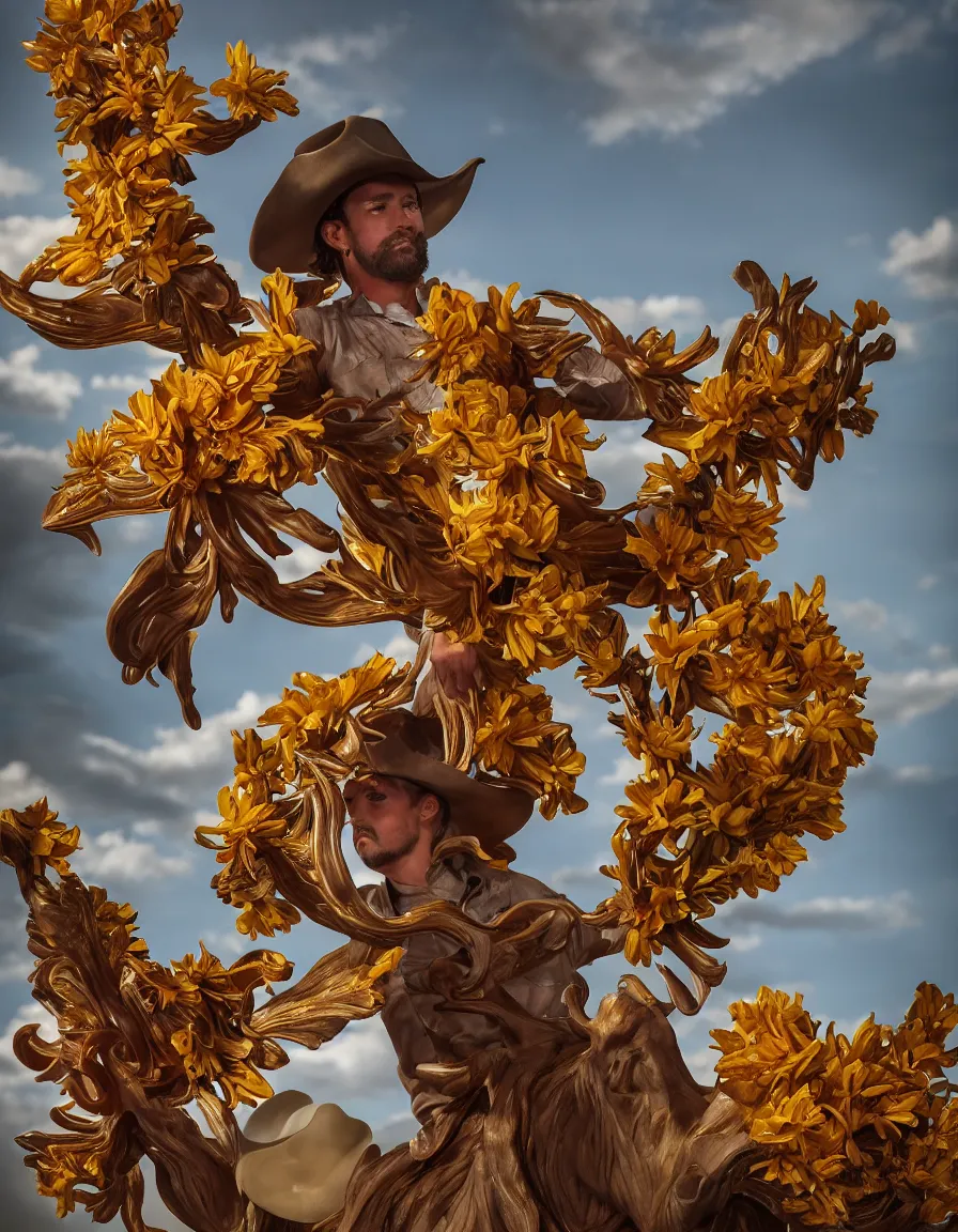 Image similar to a cowboy turning into blooms in real life. volumetric lighting, beautiful, golden hour, sharp focus, ultra detailed. by leesha hannigan, ross tran, thierry doizon, kai carpenter, ignacio fernandez rios, tropical sea slugs. bold complementary colors. 4 k, 3 5 mm, fujifilm, sculpture by antonio canova