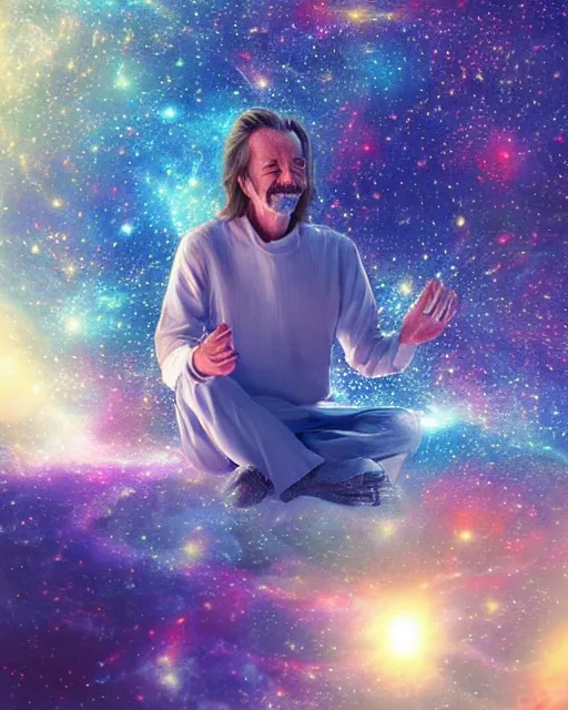 Image similar to alan watts grinning meditating in galaxy universe realistic dramatic lighting stylized soft airbrush painting highly detailed, 3d render senior artist, photorealistic, textured, featured on artstation