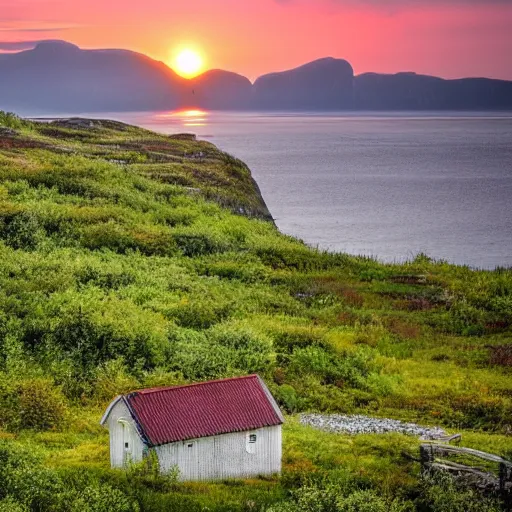 Prompt: overgrown norwegian village at the coast, sunset, arctic, beautiful, impressionist art